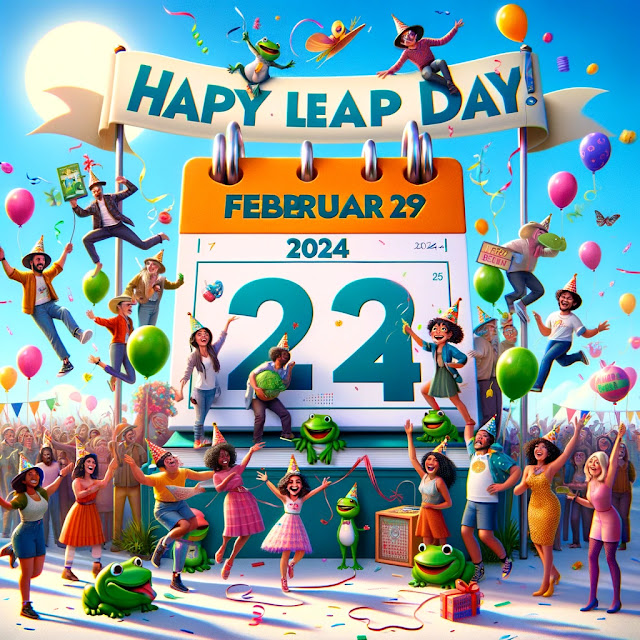 A vibrant Leap Day 2024 celebration with diverse people around a calendar showing February 29, wearing party hats and holding balloons. A "Happy Leap Day 2024!" banner and playful frog decorations add to the festive atmosphere under a clear blue sky.