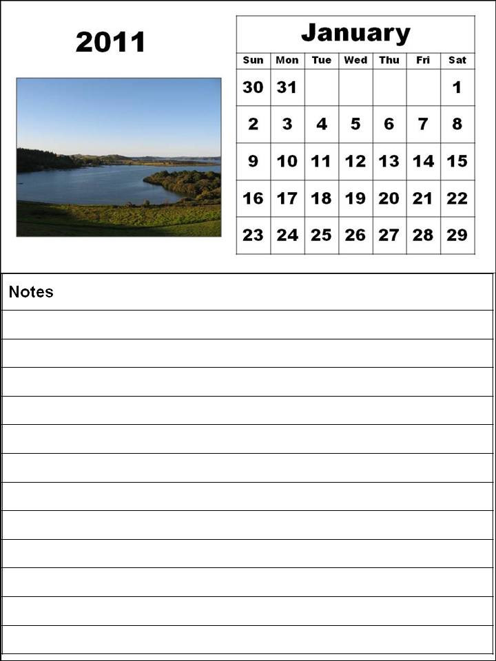 Printable January 2011 Calendar with big fonts and notes