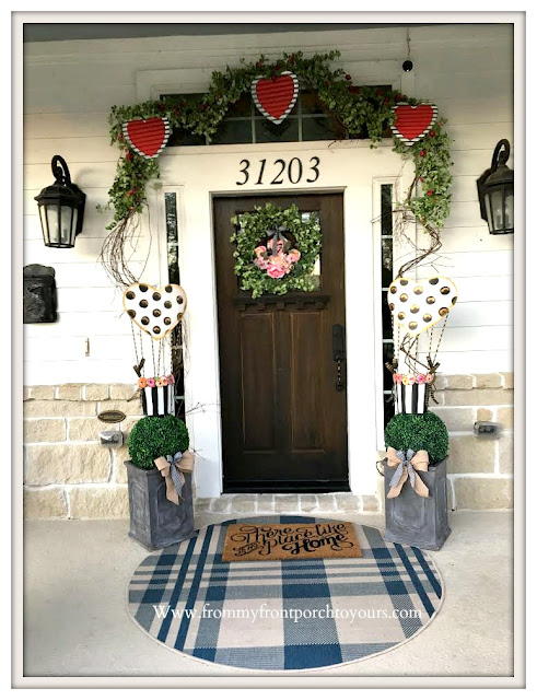 Valentines Day Front Porch-Valentines Decor-Farmhouse Porch-Tin Hearts-Heart Garland-DIY Topiary-From My Front Porch To Yours