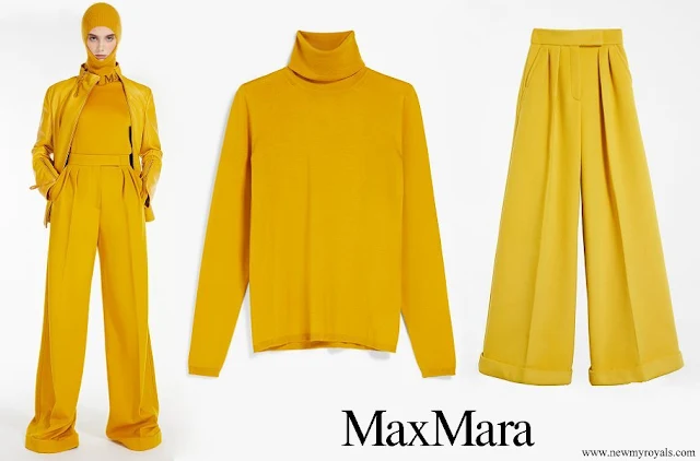 Queen Maxima wore MaxMara leandro yellow turtleneck sweater and urlo yellow trousers