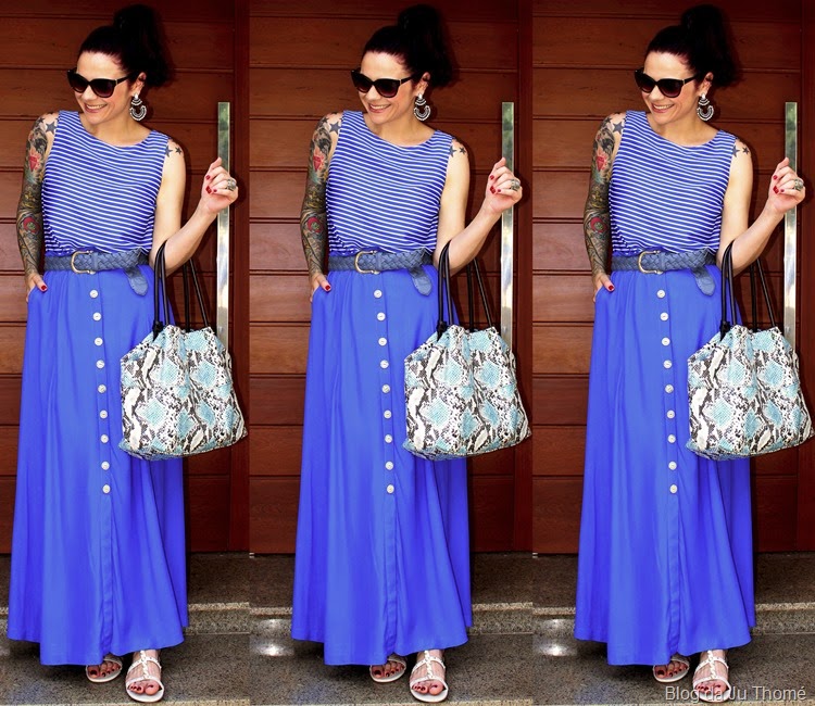 look saia longa azul, blusa listrada e bolsa estampada2 look saia longa azul, blusa listrada e bolsa estampada2