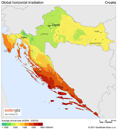 Croatia: Global solar horizontal irradiation