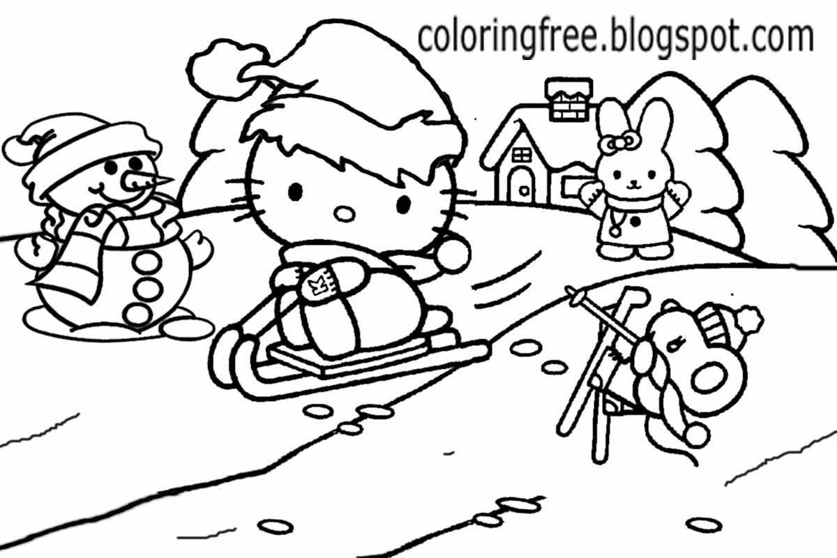 Cute rabbit hello kitty Christmas printable girls pretty coloring picture of winter season landscape