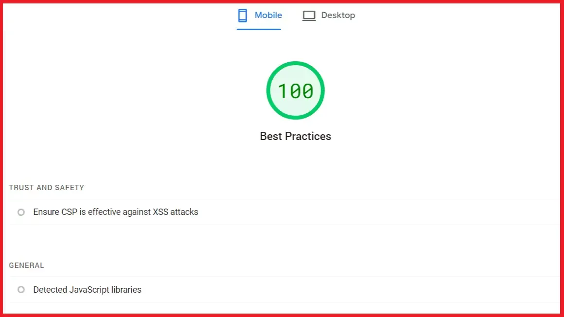 a screenshot of best practice score in page insight tool