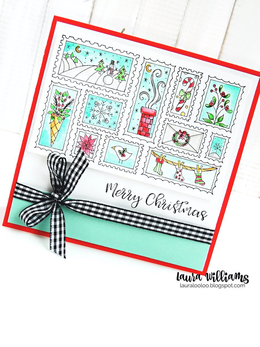 Merry Christmas handmade card with postage stamp themed background stamp called Holiday Stamps from Impression Obsession #lauralooloo #iostamps #christmascards