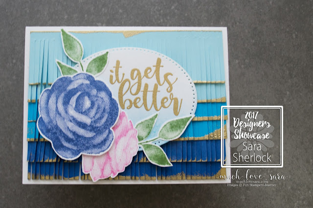 Fun Stampers Journey Designer's Showcase Bloom This Way Launch Party | Ombre Fringe meet Pretty Florals in this beautiful handmade card created with the BRAND NEW stamp sets "Good Stuff" and "Printed Rose" | muchlovesara.com