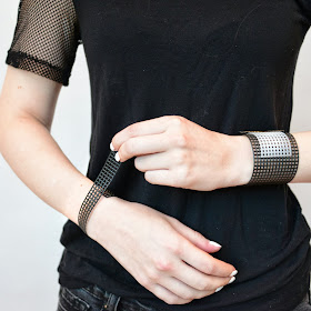 grid plastic canvas bracelet black white