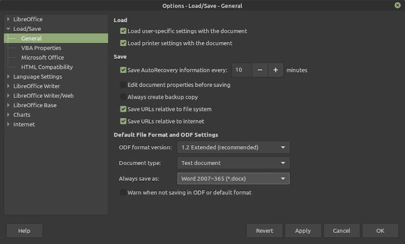 Change the default File Format in LibreOffice Writer