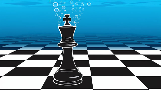 A cartoon black king chess piece stands on a blue checkerboard transformed into an ocean floor. The king gasps for air with bubbles rising from its head, trapped and unable to breathe.