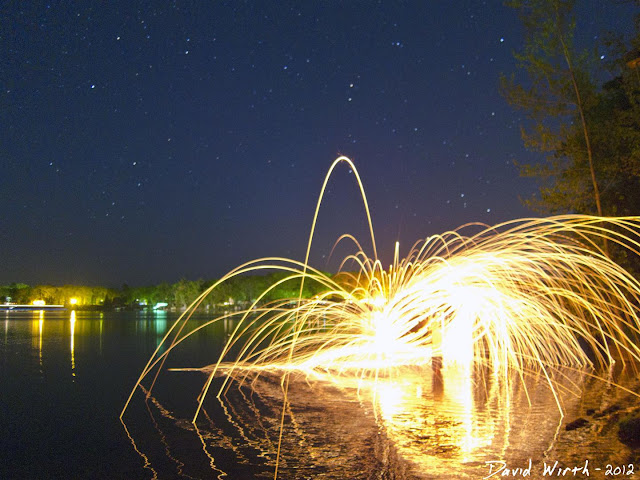 spinning wool, on the beach, lake, stars, night sky, sparks, lit, fire, steel wool