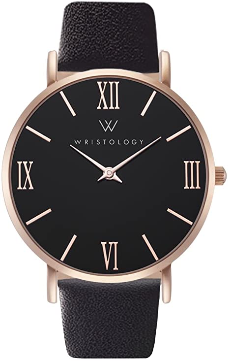  WRISTOLOGY Stella Womens Watch Rose Gold Black Face Roman Numeral Numbers Boyfriend Ladies Black Leather Strap Band