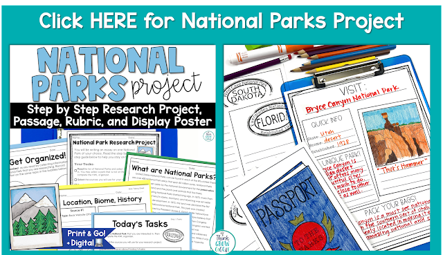 National Park End of Year Project for 3rd 4th 5th Grade Middle School