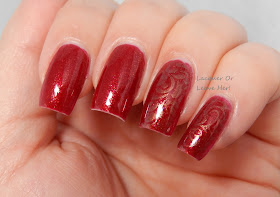 DazzleGlaze Lacquer's Persephone's Pomegranate + UberChic Beauty 5-02 stamped with Sally Hansen Copperhead