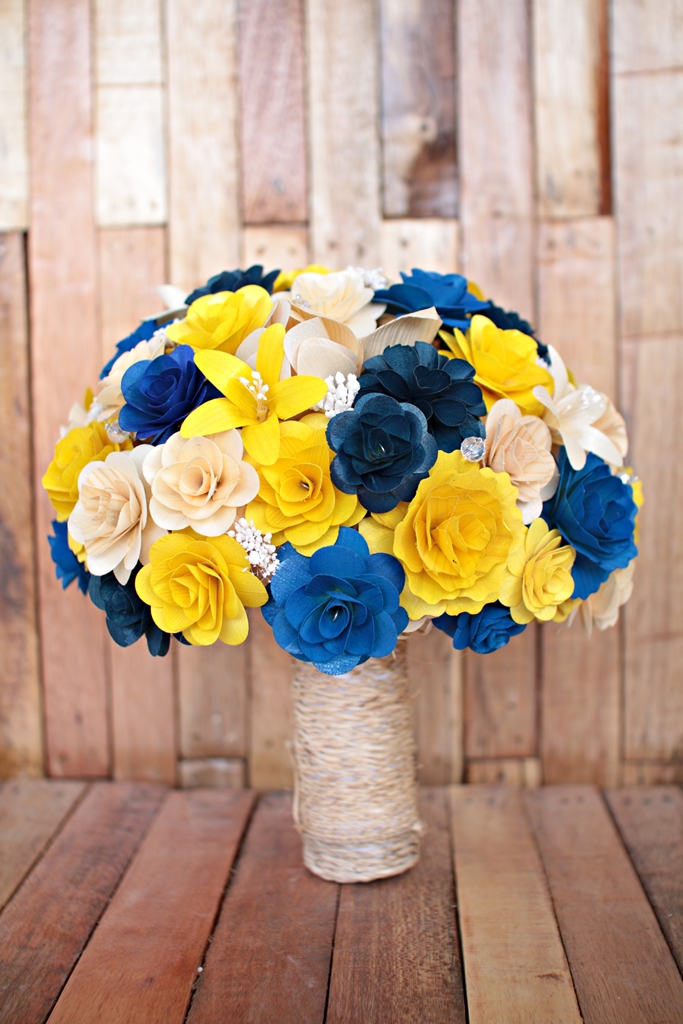 Ivory, Royal Blue and Yellow Wedding Bouquets Made of ...