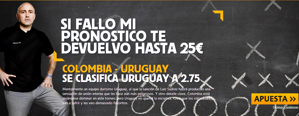 betfair si maldini falla su pronostico devolucion 25 euros Colombia vs Uruguay 28 junio