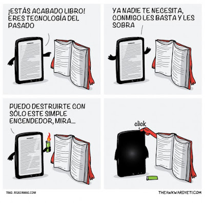 Meme de humor sobre el libro electrónico y el libro convencional