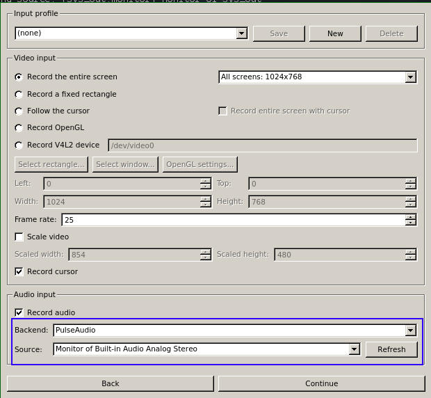 Configurando la entrada de audio backend y source en simple screen recorder