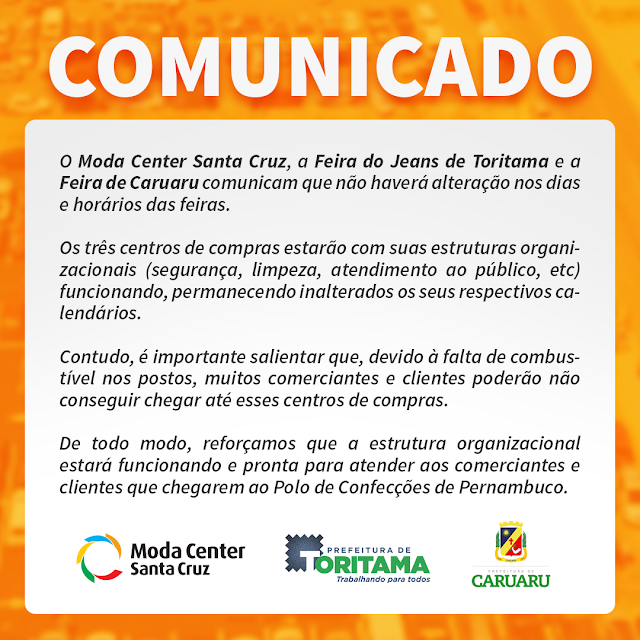 Comunicado conjunto do Moda Center, Prefeitura de Toritama e Prefeitura de Caruaru