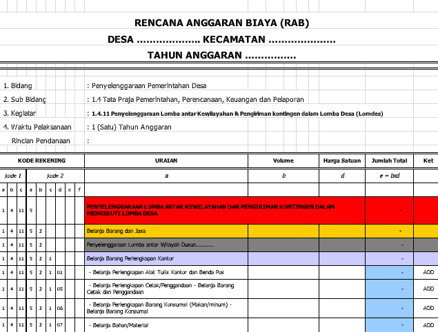 Contoh RAB Lomba Desa [Format RAB Siskeudes]