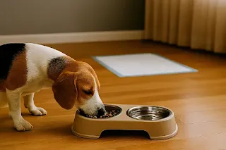 강아지 배변 훈련 패드 사료 먹는 비글