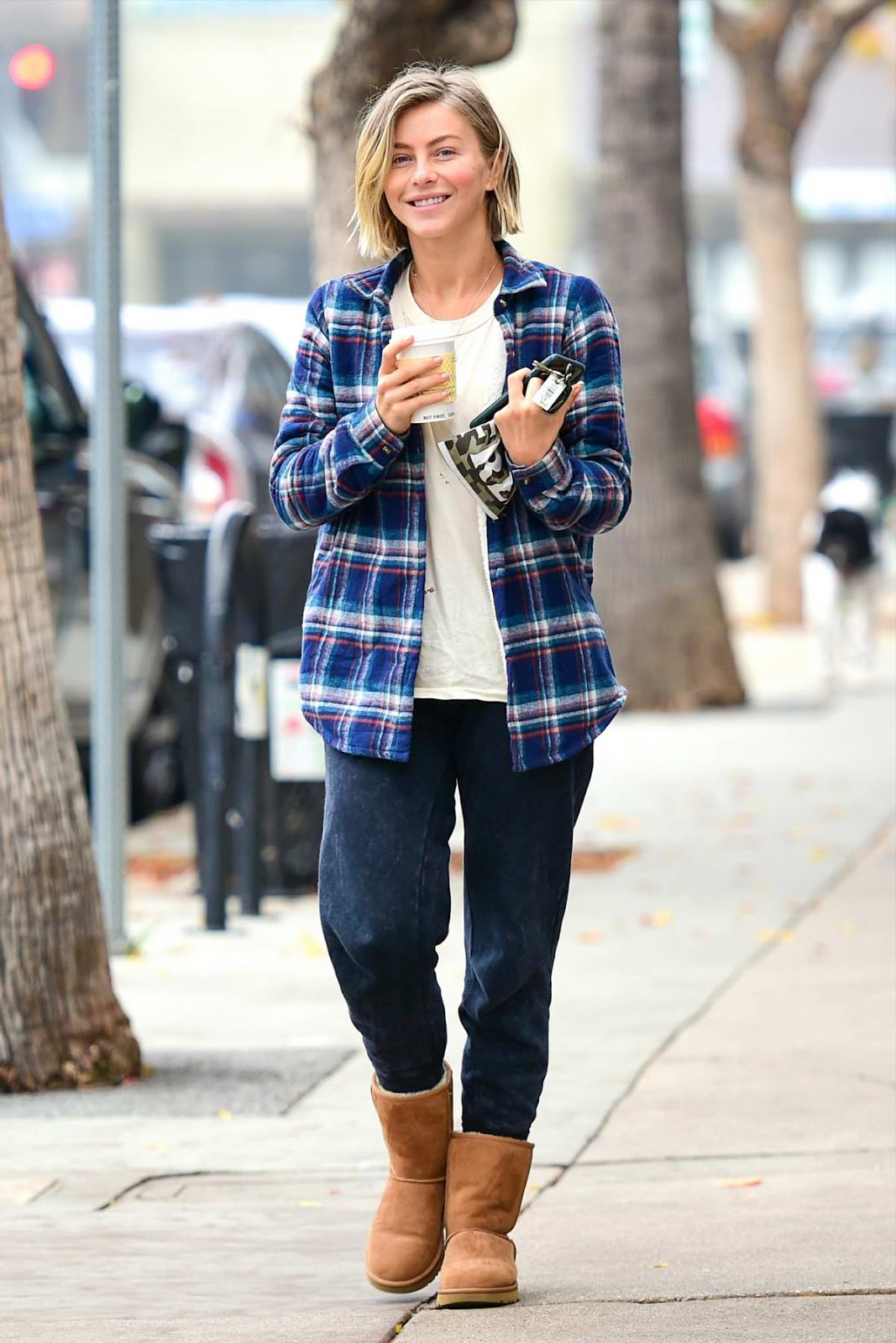 Julianne Hough in a flannel shirt, sweatpants and UGG boots in Studio City, California