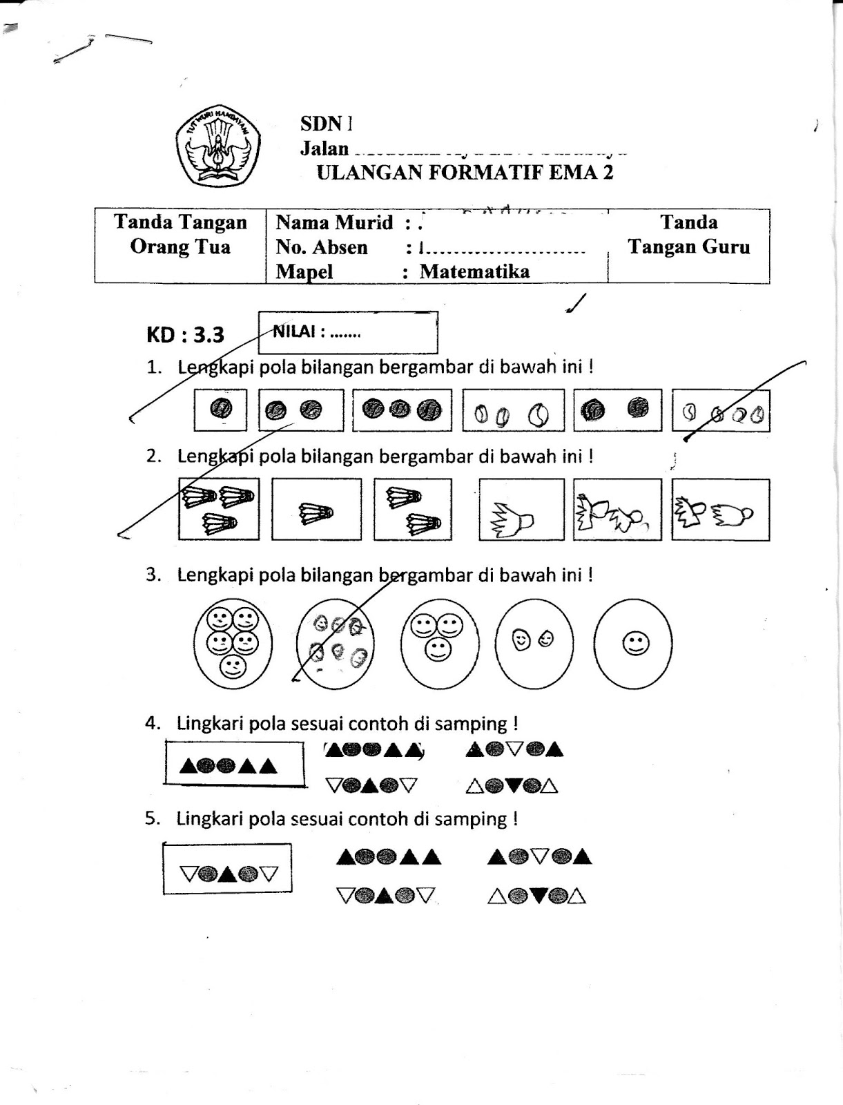 Formatif 2 Matematika SD Kelas 1 Semester Ganjil TA.2015 