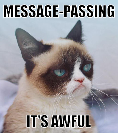 Grumpy cat says 'Message-Passing: it's awful' by michael.gr