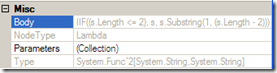 The PropertyGrid control, showing minimal data of the outermost (lambda) Expression only.