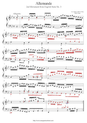 Partitura de piano gratis de Johann Sebastian Bach: Allemande (Segundo movimiento), Suite No.3 (BWV 808)