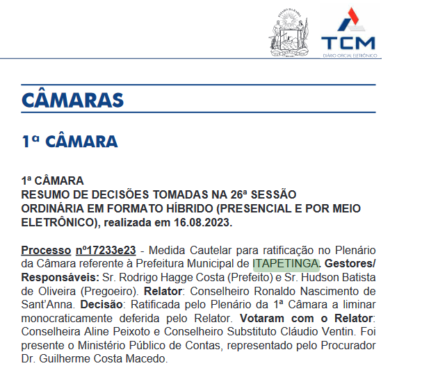 Publicação no Diário Oficial do Tribunal de Contas dos Municípios da Bahia (TCM)