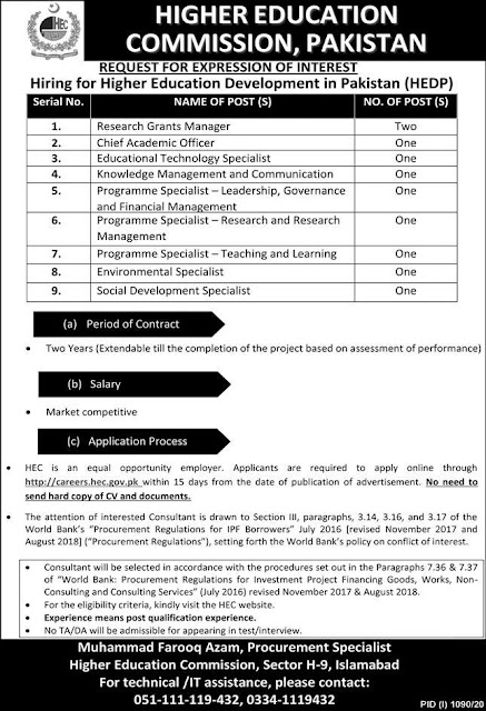 HEC Jobs September 2020 Apply Online (Government jobs in Pakistan today)