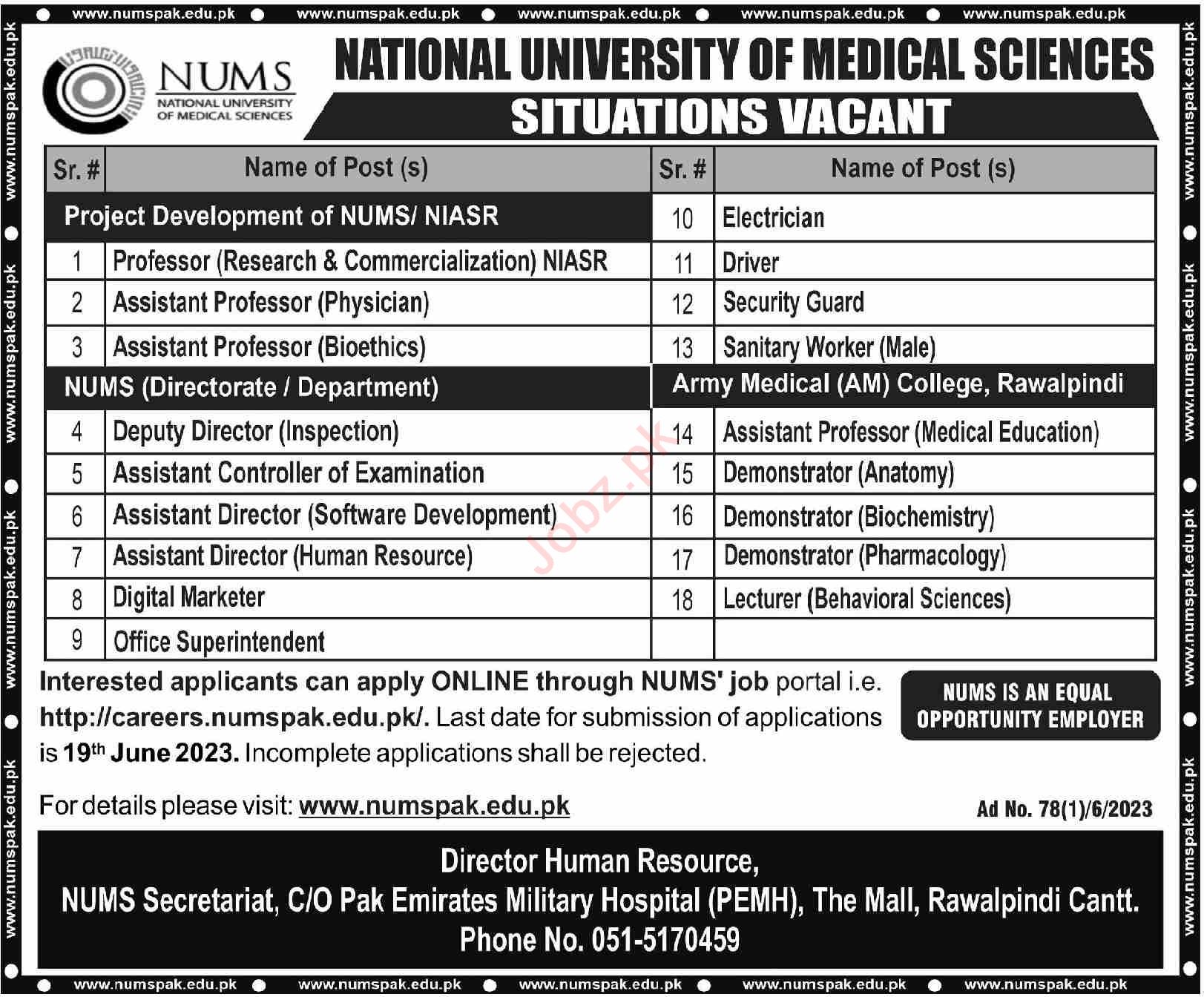 Jobs in National University of Medical Sciences NUMS