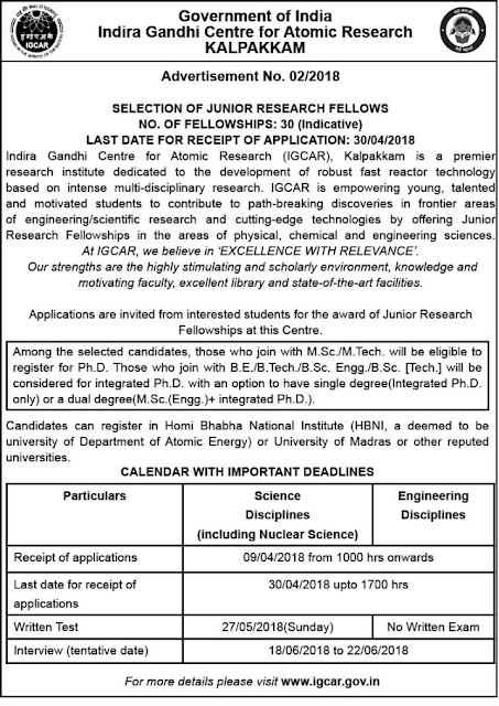 IGCAR Kalpakkam JRF Recruitment March 30, 2018