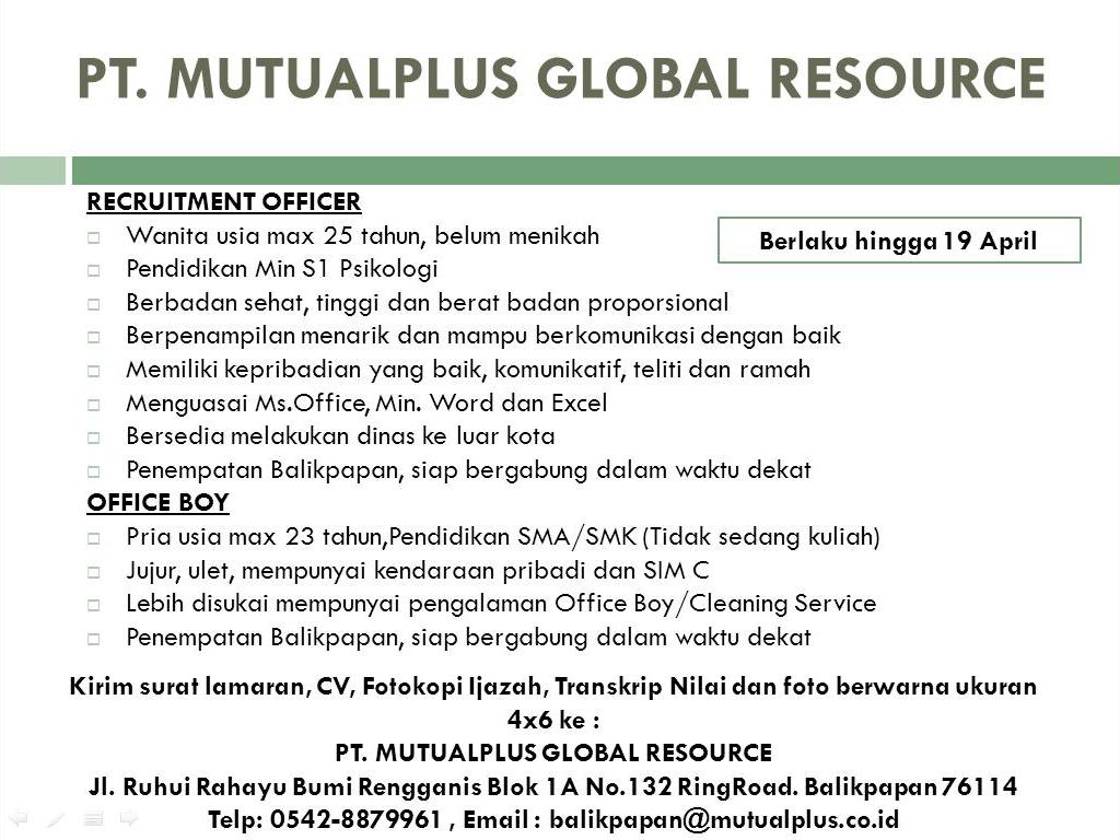 Lowongan Kerja Kota Balikpapan: Lowongan PT.MUTUALPLUS 