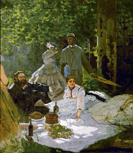 Monet's Garden Party - Le déjeuner sur l'herbe (right section), 1865–1866, with Gustave Courbet, Frédéric Bazille and Camille Doncieux, first wife of the artist, Musée d'Orsay, Paris