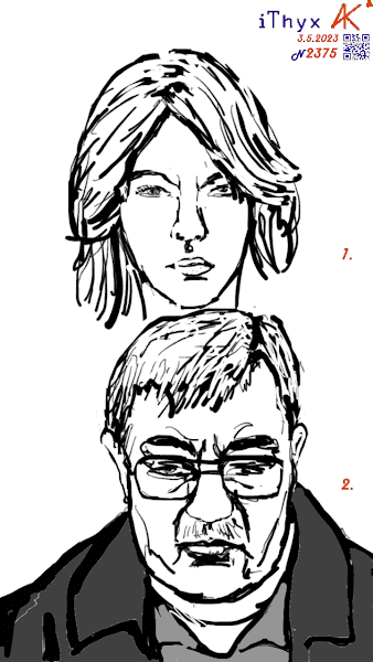 Два наброска с портретами: 1.  Женщина-блондинка с модельной укладкой; 2. Cедой мужчина в очках.. Автор рисунка: художник #iThyx