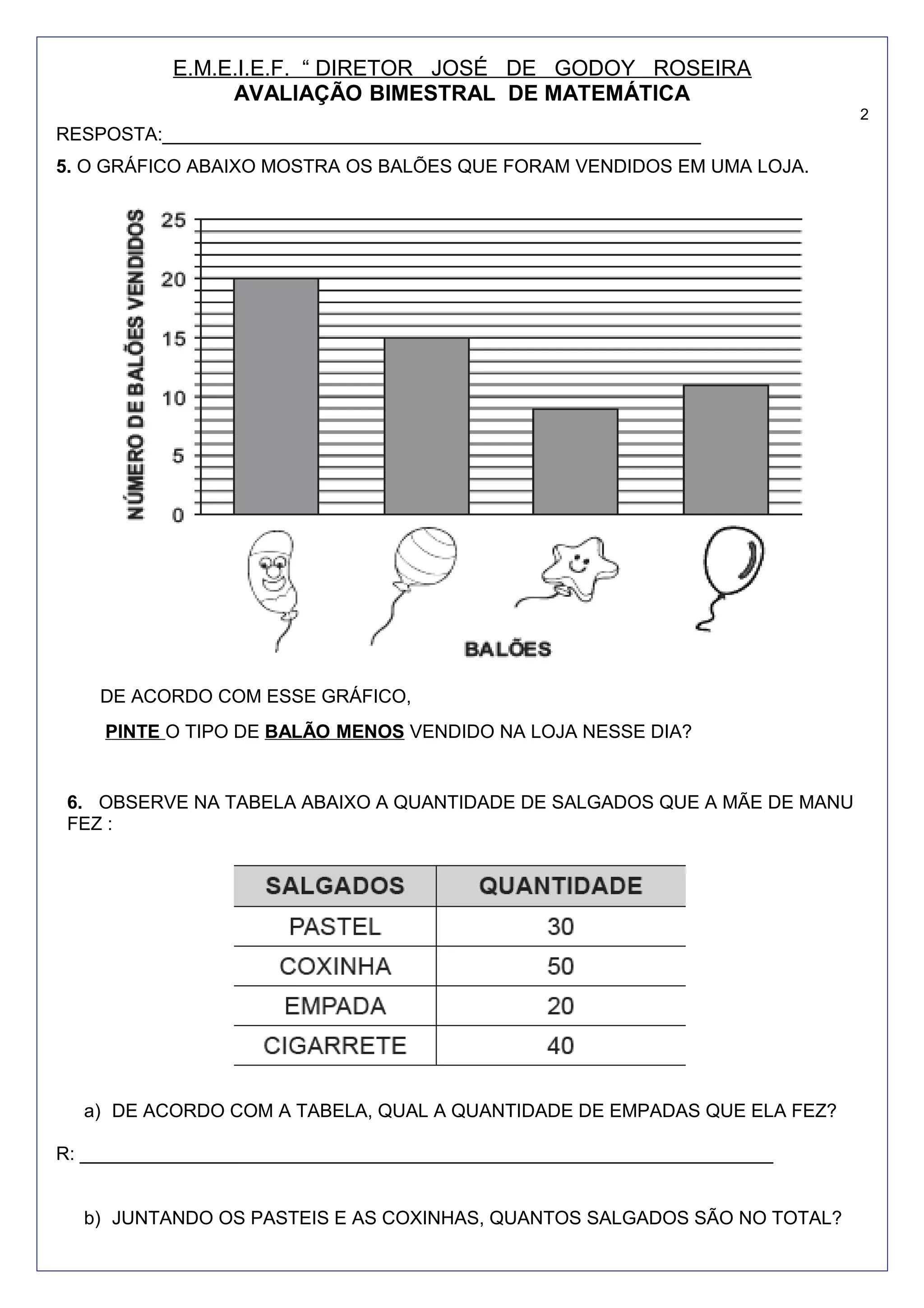 Avaliação de Matemática 2 ano Fundamental para imprimir