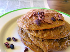 cacao chia pancakes with cacao nibs