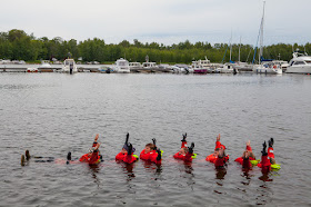 Pelastautumisharjoitus - pitkä jono pelastautumispukuihin pukeutuneita henkilöitä ui vedessä