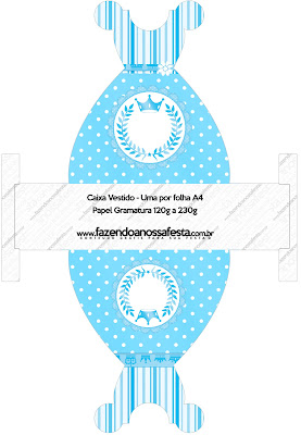 Light Blue Crown in Stripes and Polka Dots  Free Printable Boxes for a Quinceanera Party.