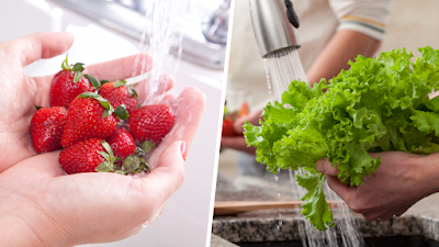 Picture of washing strawberries and lettuce