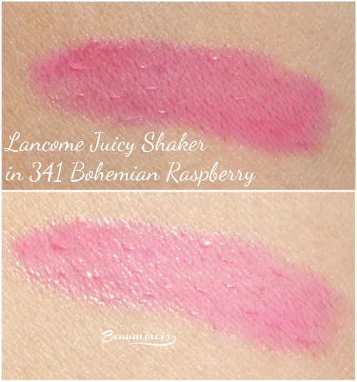 Swatches of Lancome Juicy Shaker lip oil in Bohemian Raspberry: