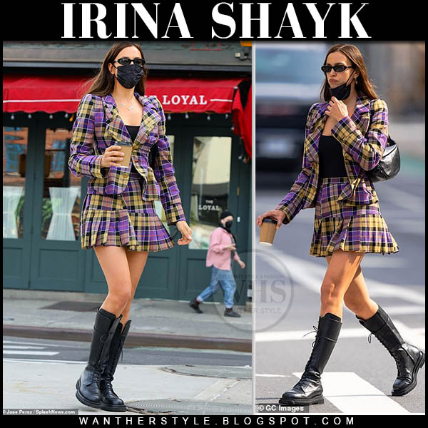 Irina Shayk in purple plaid blazer and mini skirt