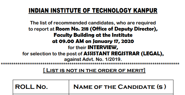 Result-Written Test-AR (Legal)-IIT Kanpur