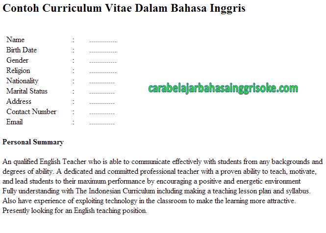 Contoh Curriculum Vitae Dalam Bahasa Inggris Dan Artinya 