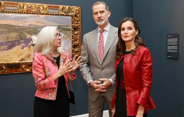 Queen Letizia wore a red leather peplum jacket by Carolina Herrera, and black wool cashmere dress by Carolina Herrera