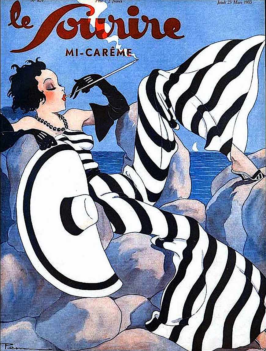 1933 French fashion magazine cover illustration of a striped sensual modern woman
