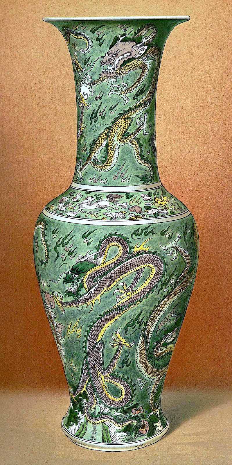 old porcelain from China, a green vase ornamented with dragons