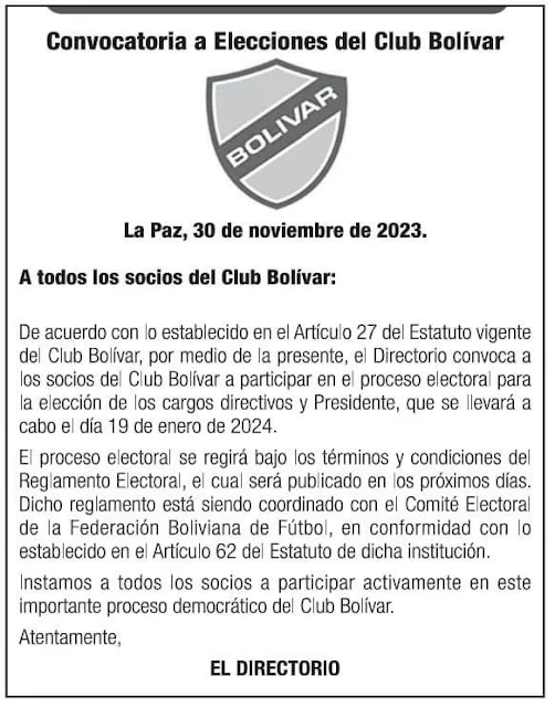Convocatoria del Club Bolivar para las Elecciones del 19 de enero