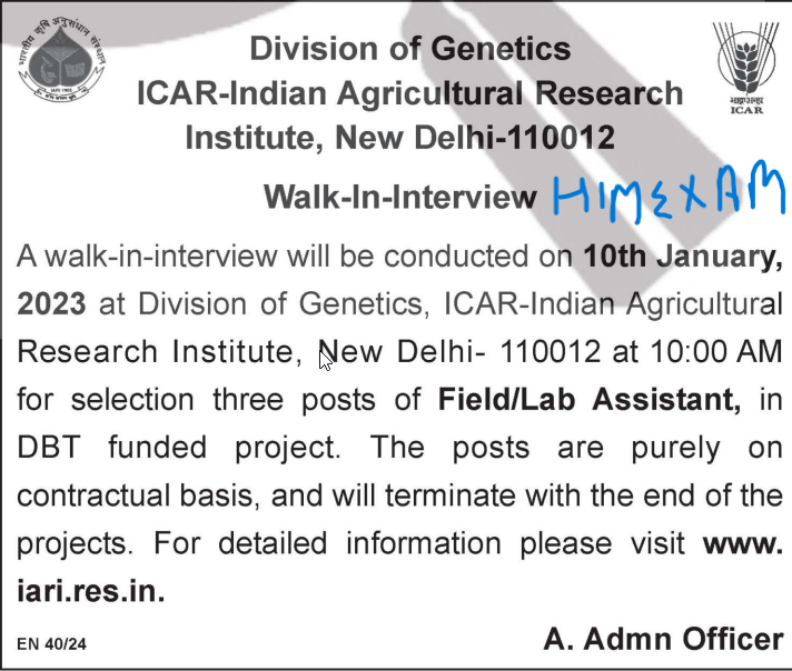 ICAR-IARI, New Delhi Field/Lab Assistant Recruitment 2023